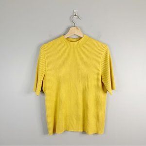 Ann Taylor Womens Ribbed Knit Mock Neck Mustard Yellow Top Shirt Short Sleeve XL